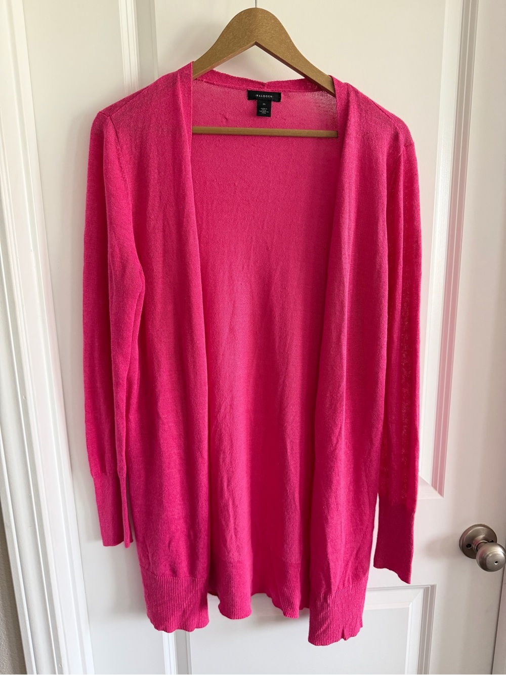 Halogen Linen Blend Long Cardigan sz Medium Pink Open Front Summer Office Beach